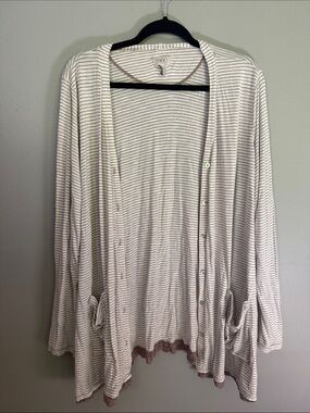 LOGO by Lori Goldstein Cream and Taupe Striped Lightweight cardigan